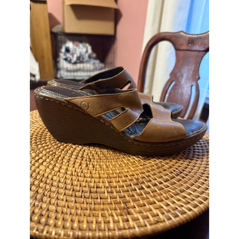 Born Brown Leather Wedge Sandals Slide Mules Wood Grain Platform 10